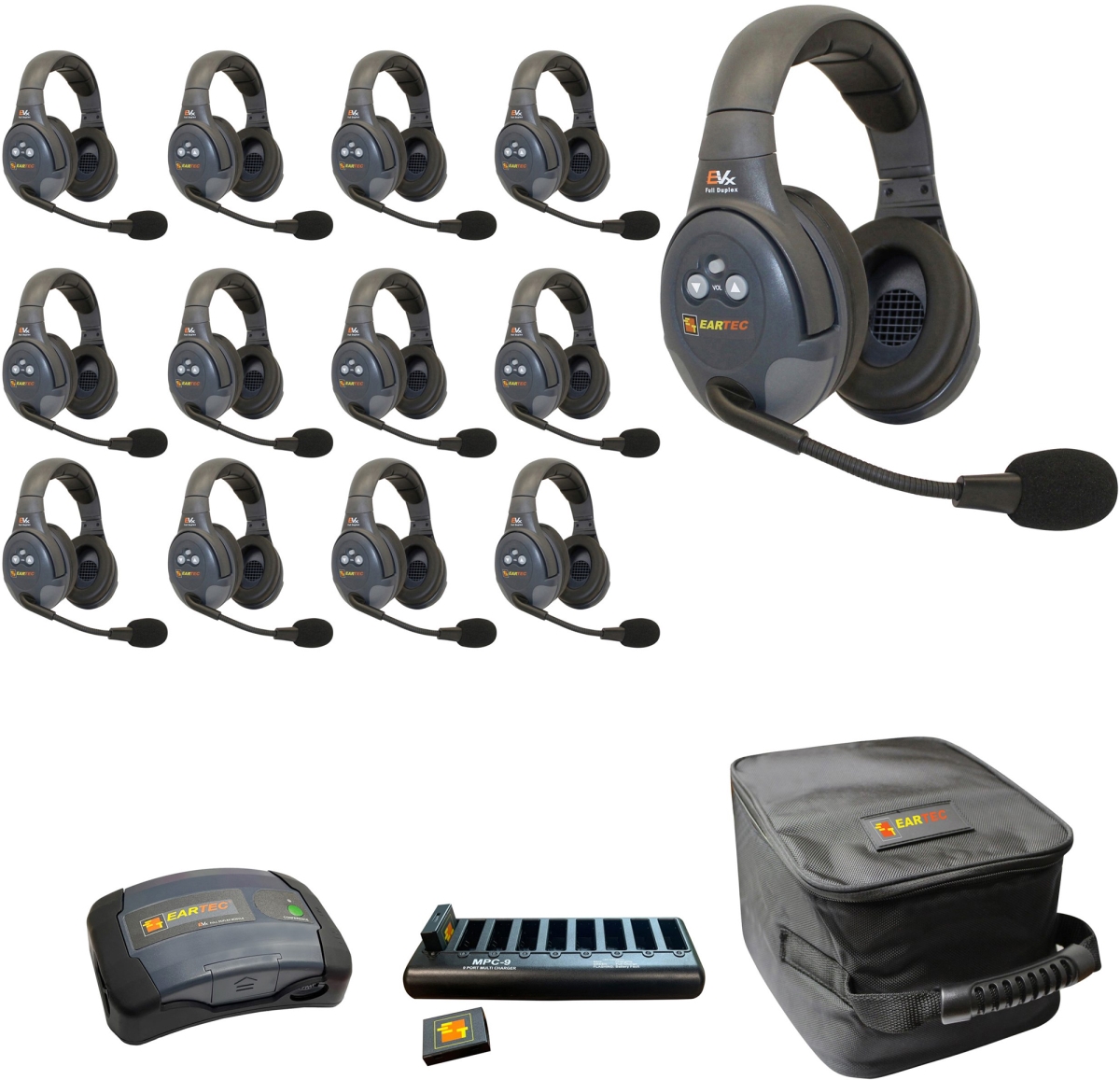 EAR-EVX13D-CM Full Duplex Dual Channel Light Industrial Wireless Intercom System with 13 Dual Speaker Headsets