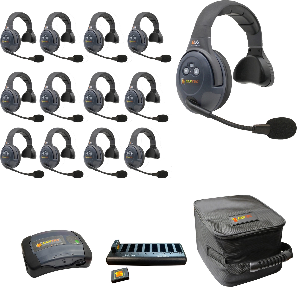 EAR-EVX13S-CM Full Duplex Dual Channel Light Industrial Wireless Intercom System with 13 Single Speaker Headsets