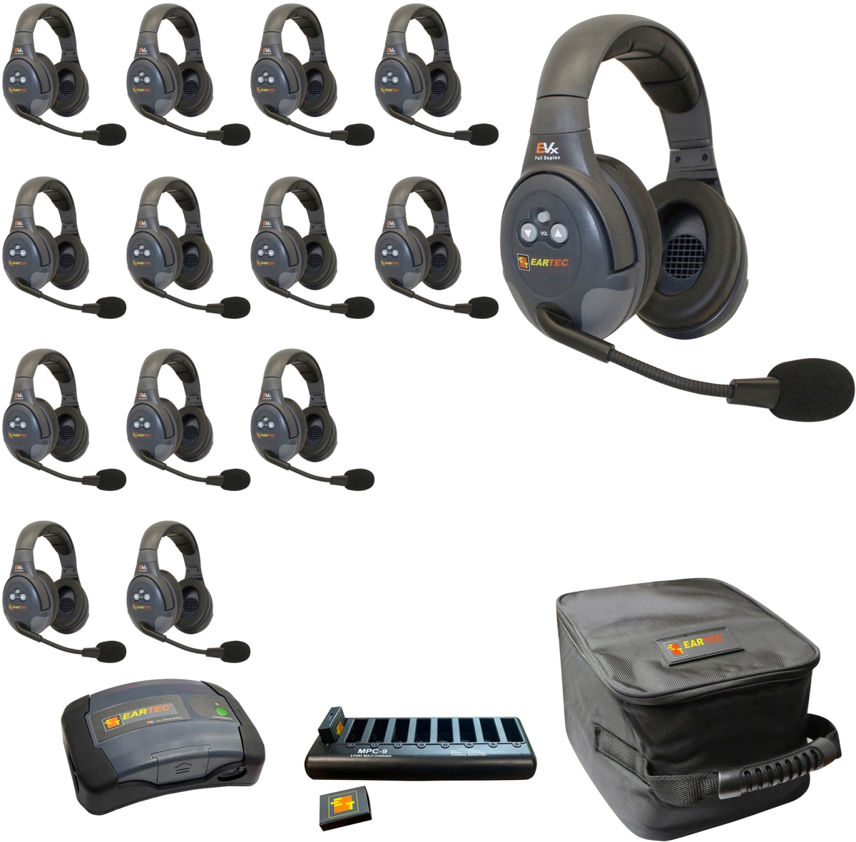 EAR-EVX14D-CM Full Duplex Dual Channel Light Industrial Wireless Intercom System with 14 Dual Speaker Headsets