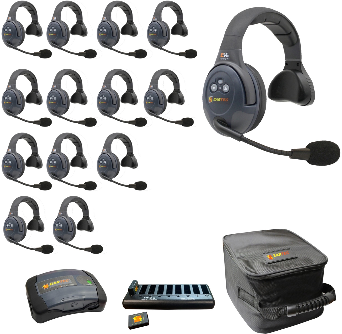 EAR-EVX14S-CM Full Duplex Dual Channel Light Industrial Wireless Intercom System with 14 Single Speaker Headsets