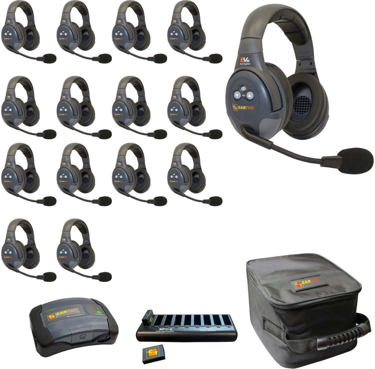 EAR-EVX15D-CM Full Duplex Dual Channel Light Industrial Wireless Intercom System with 15 Dual Speaker Headsets