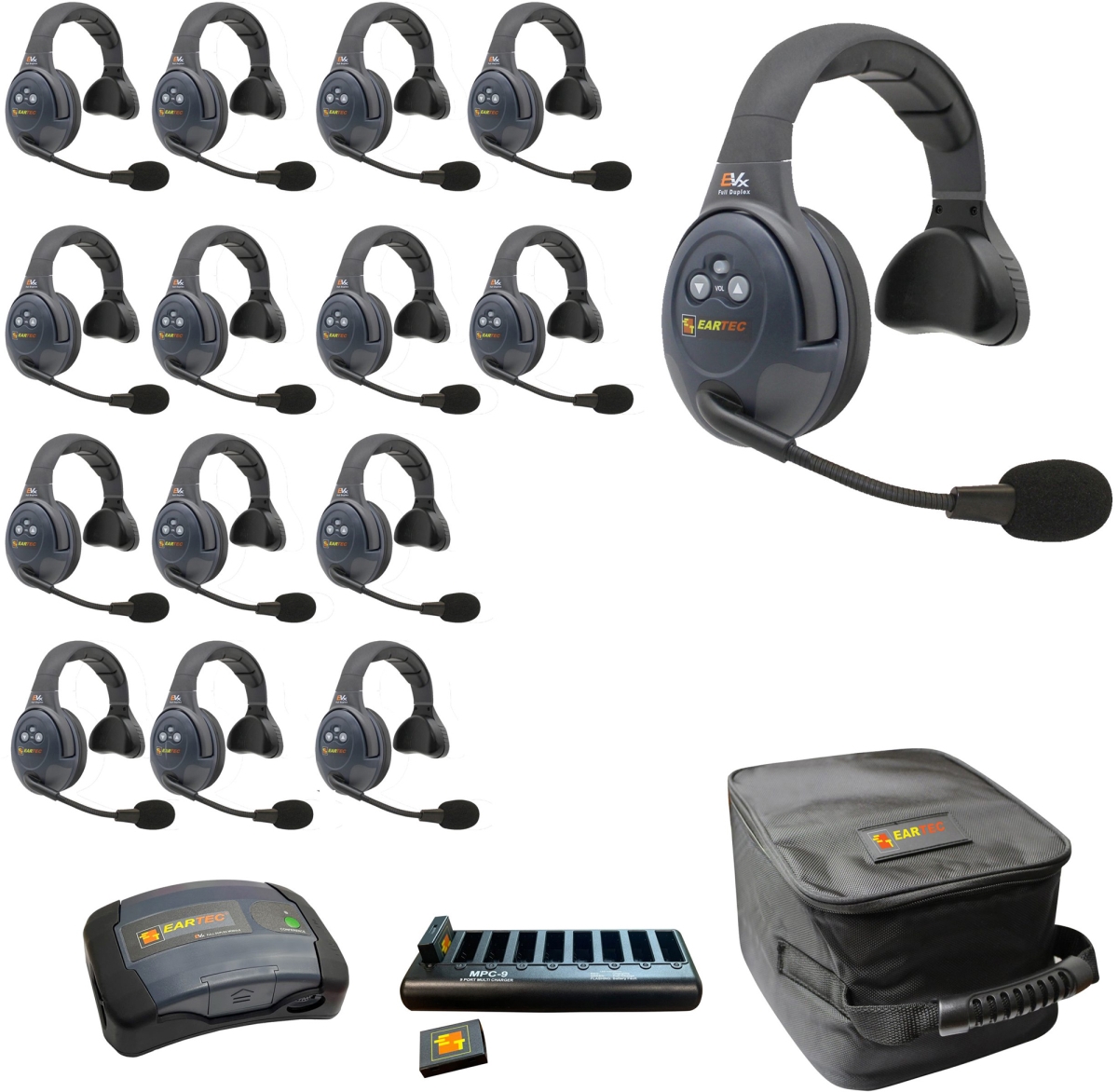 EAR-EVX15S-CM Full Duplex Dual Channel Light Industrial Wireless Intercom System with 15 Single-Ear Headsets