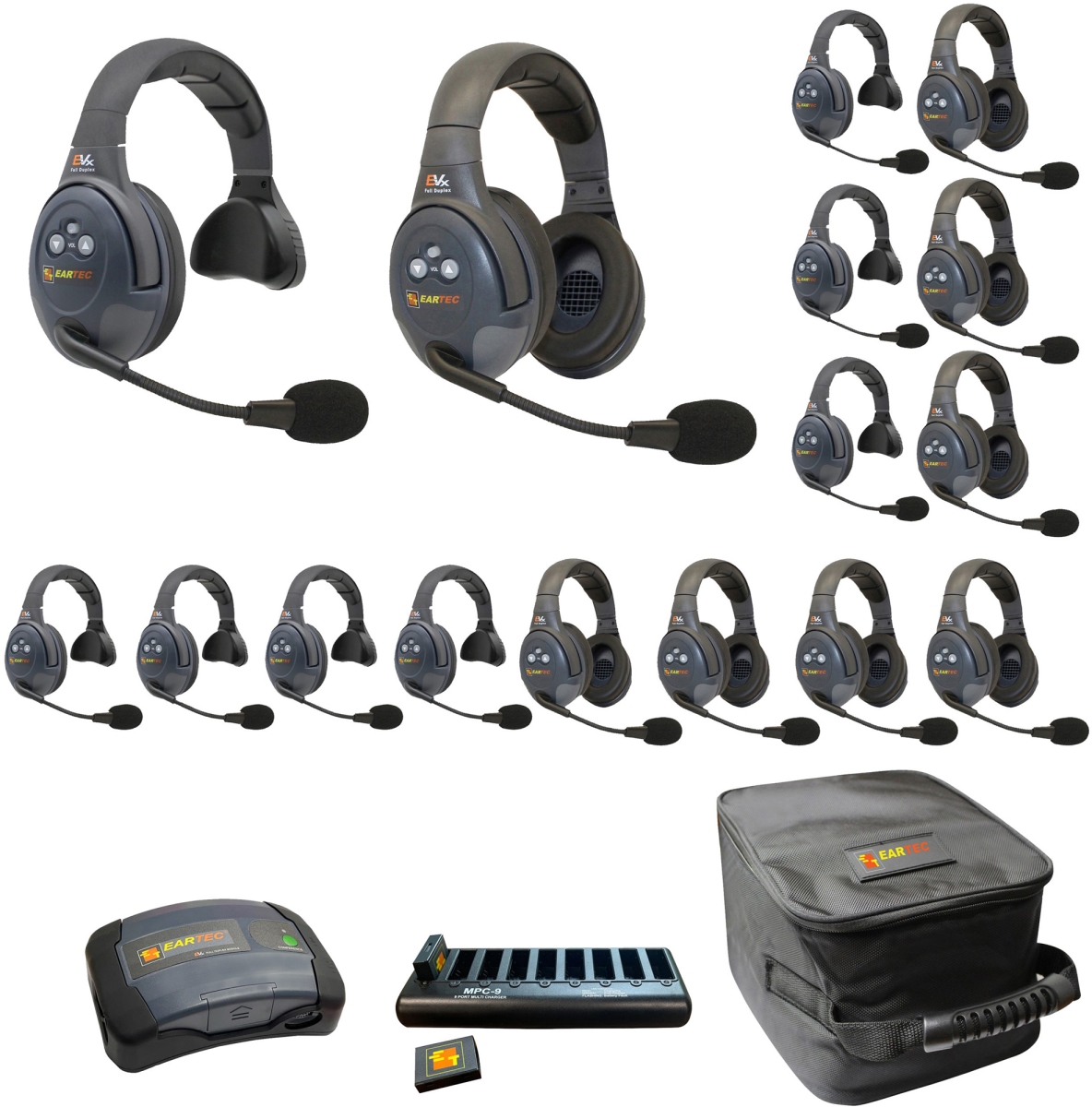 EAR-EVX1688-CM Full Duplex Dual Channel Wireless Intercom System with 8 Single 8 Dual Speaker Headsets