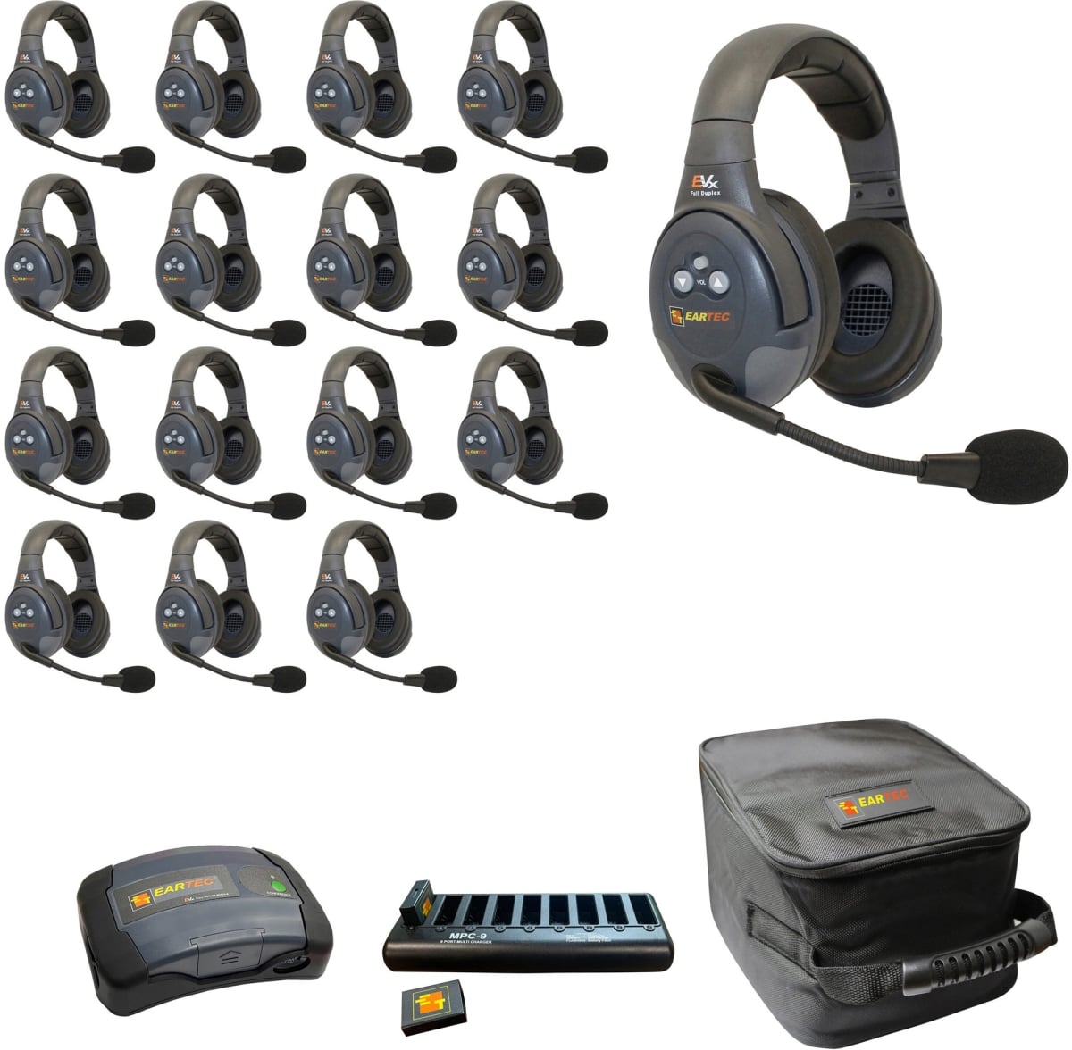 EAR-EVX16D-CM Full Duplex Dual Channel Light Industrial Wireless Intercom System with 16 Dual Speaker Headsets