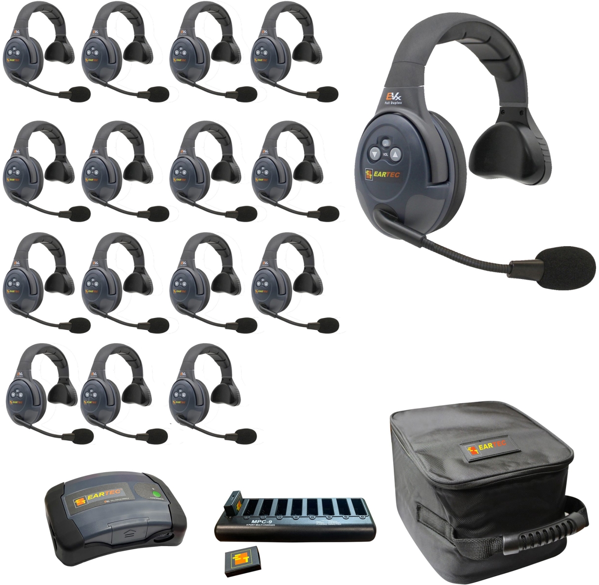 EAR-EVX16S-CM Full Duplex Dual Channel Light Industrial Wireless Intercom System with 16 Single Speaker Headsets