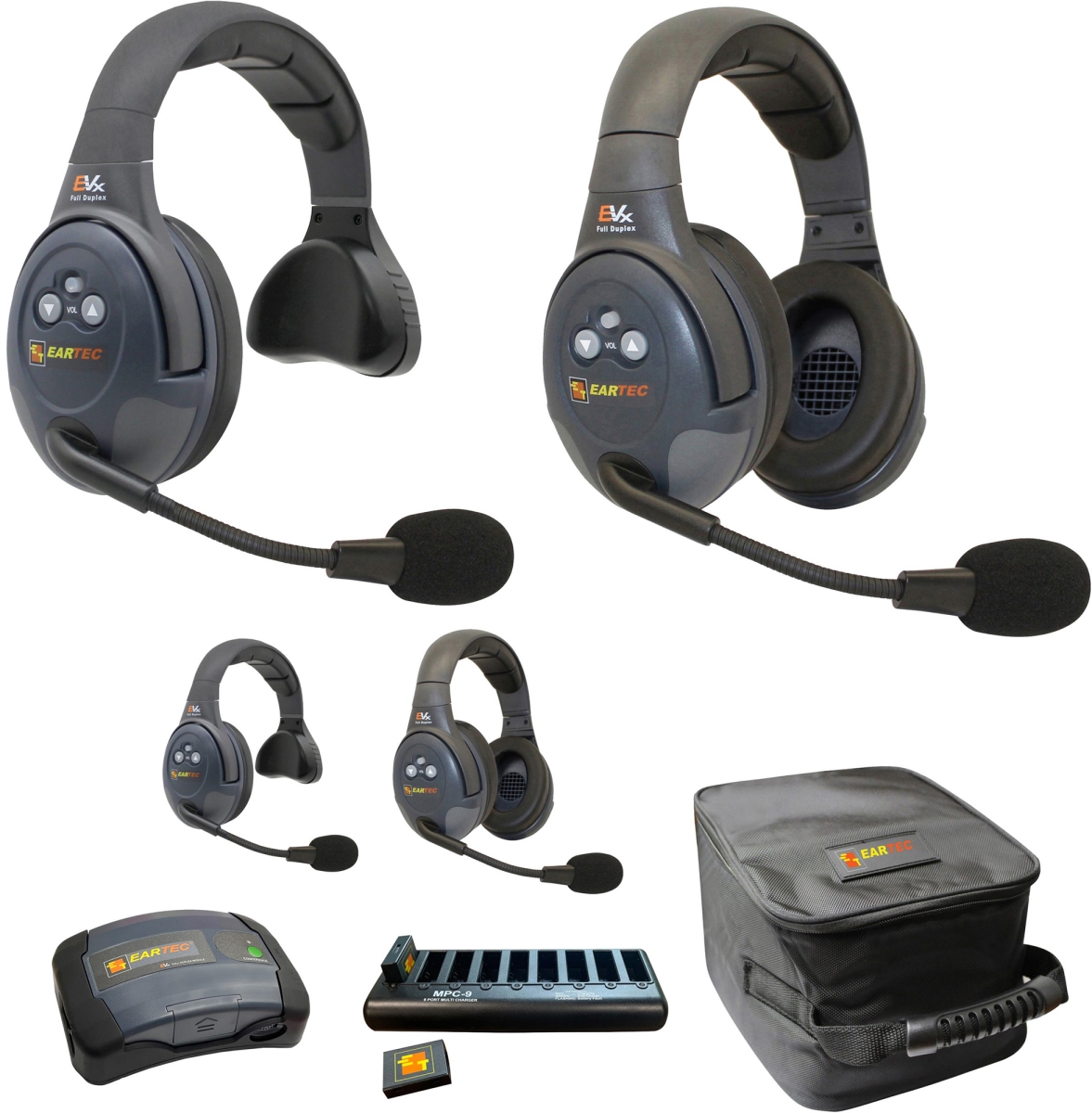 EAR-EVX422-CM Full Duplex Dual Channel Wireless Intercom System with 4 Single 4 Dual-Ear Headsets