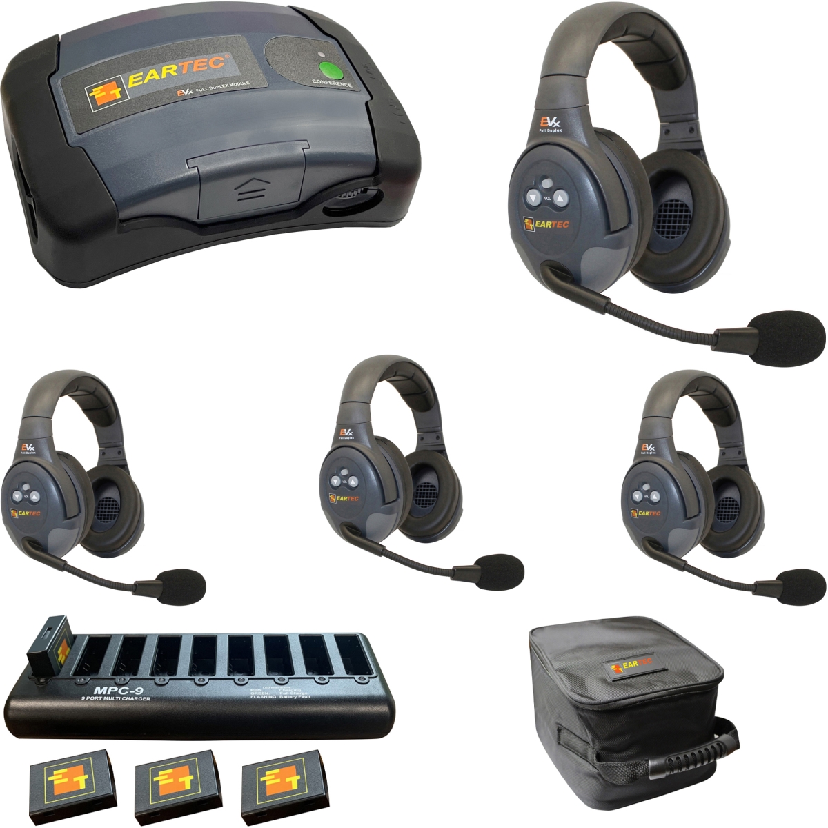 EAR-EVX4D-CM Full Duplex Dual Channel Light Industrial Wireless Intercom System with 4 Dual Speaker Headsets