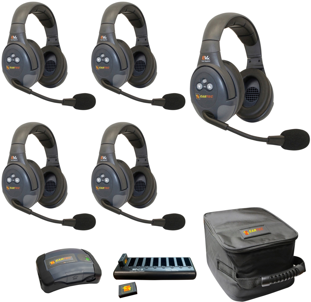 EAR-EVX5D-CM Full Duplex Dual Channel Light Industrial Wireless Intercom System with 5 Dual Speaker Headsets