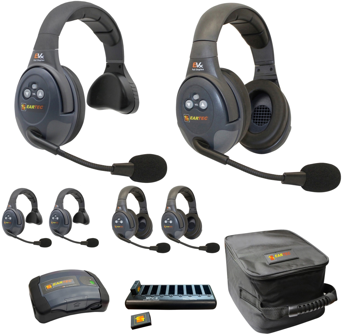 EAR-EVX633-CM Full Duplex Dual Channel Wireless Intercom System with 3 Single 3 Dual-Ear Headsets