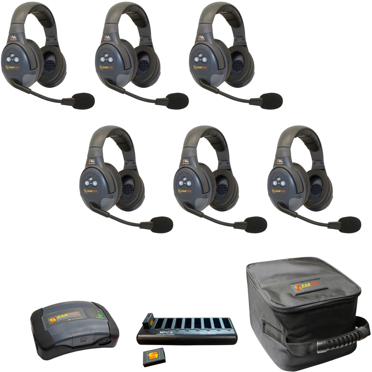 EAR-EVX6D-CM Full Duplex Dual Channel Light Industrial Wireless Intercom System with 6 Dual Speaker Headsets