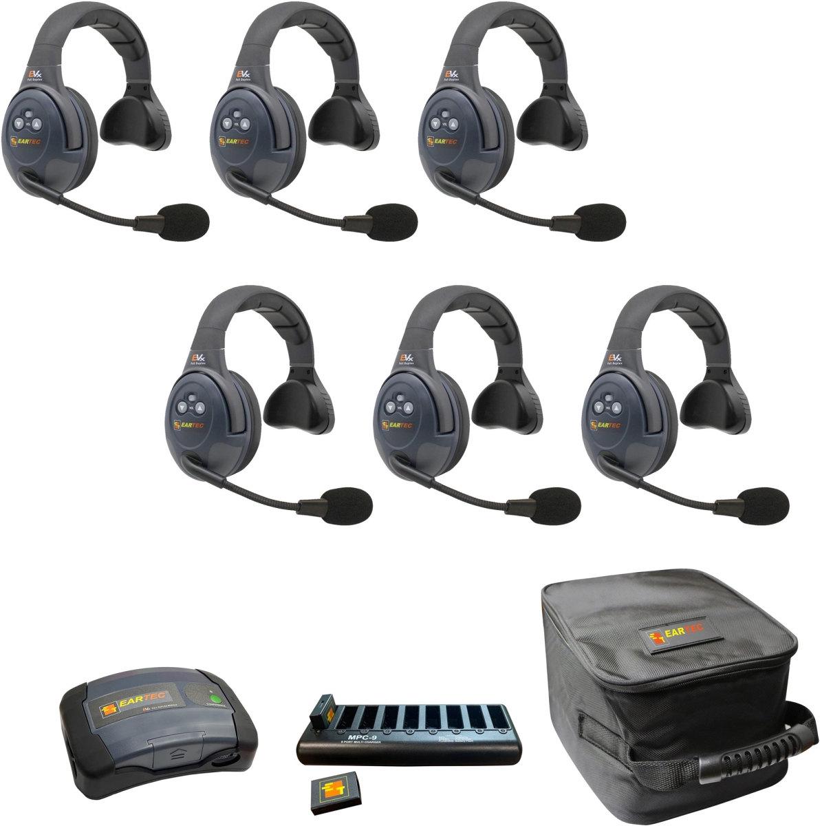 EAR-EVX6S-CM Full Duplex Dual Channel Light Industrial Wireless Intercom System with 6 Single Speaker Headsets