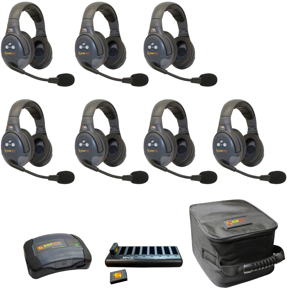 EAR-EVX7D-CM Full Duplex Dual Channel Light Industrial Wireless Intercom System with 7 Dual Speaker Headsets