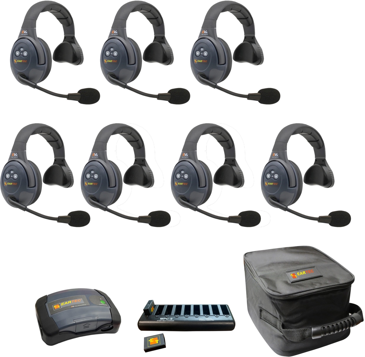EAR-EVX7S-CM Full Duplex Dual Channel Light Industrial Wireless Intercom System with 7 Single Speaker Headsets