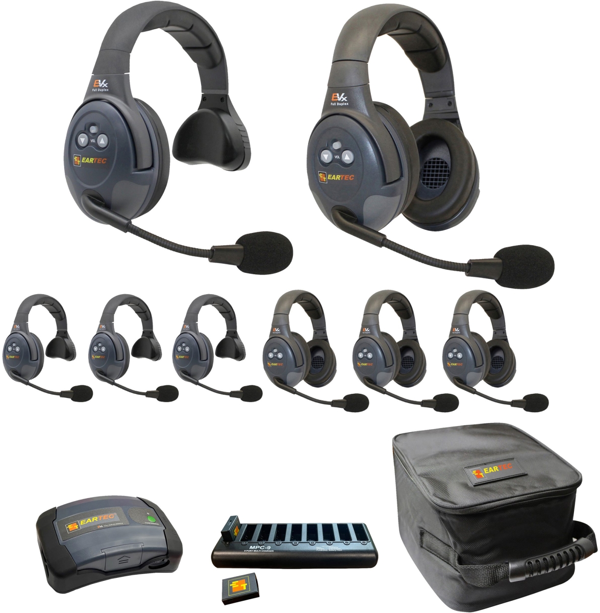 EAR-EVX844-CM Full Duplex Dual Channel Wireless Intercom System with 4 Single 4 Dual Speaker Headsets