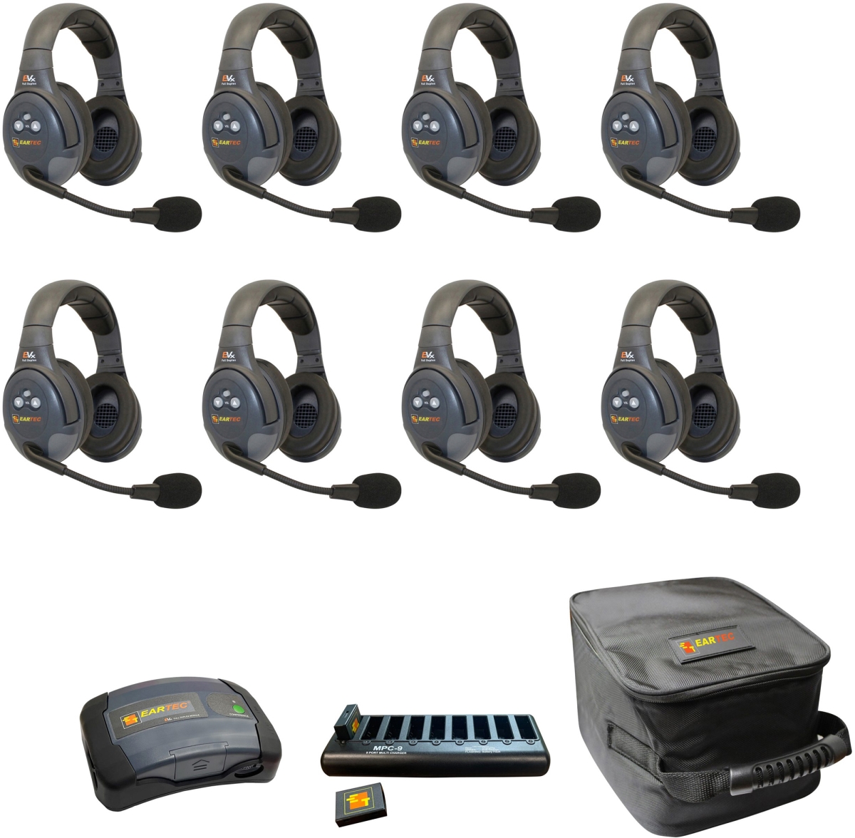 EAR-EVX8D-CM Full Duplex Dual Channel Light Industrial Wireless Intercom System with 8 Dual Speaker Headsets