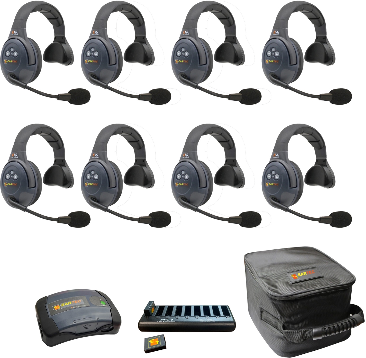 EAR-EVX8S-CM Full Duplex Dual Channel Light Industrial Wireless Intercom System with 8 Single Speaker Headsets