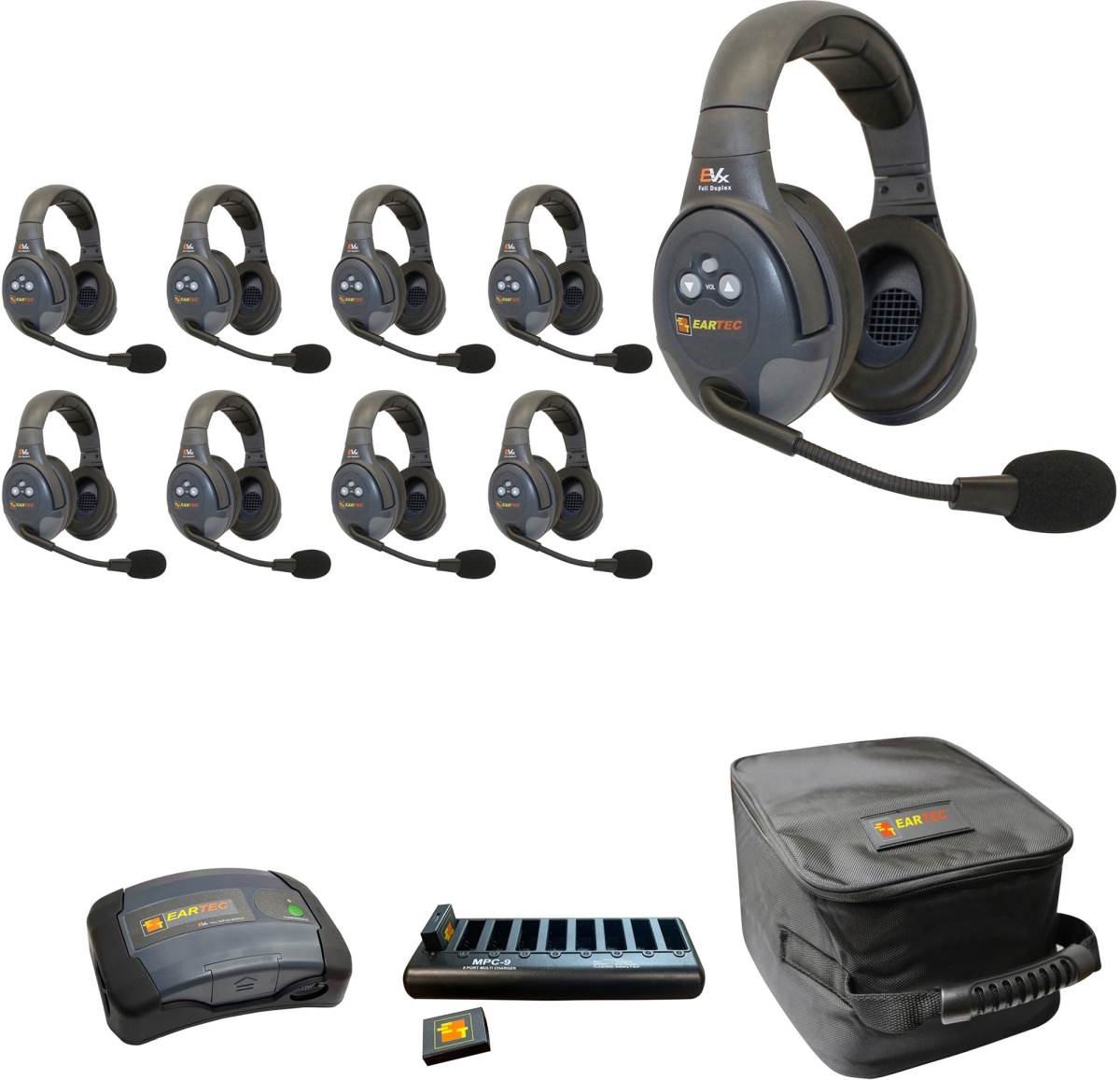 EAR-EVX9D-CM Full Duplex Dual Channel Light Industrial Wireless Intercom System with 9 Dual Speaker Headsets