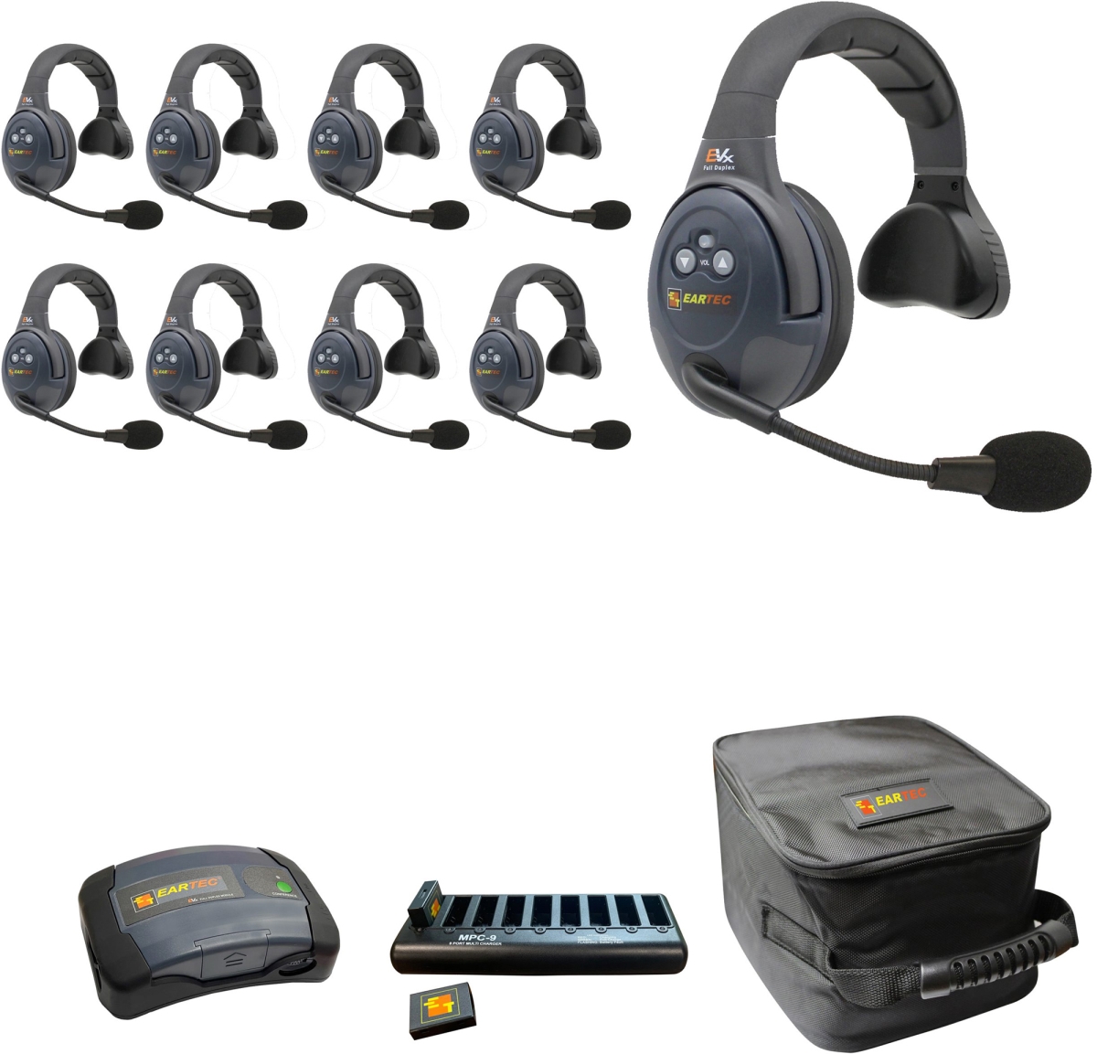 EAR-EVX9S-CM Full Duplex Dual Channel Light Industrial Wireless Intercom System with 9 Single Speaker Headsets