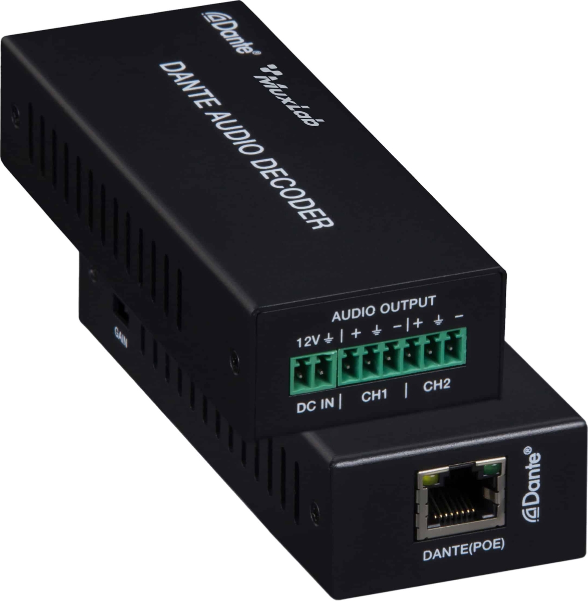 MUX-500552 Up to 328 Foot Via CAT6-6A Dante 2-Channel Analog Audio Decoder, Black