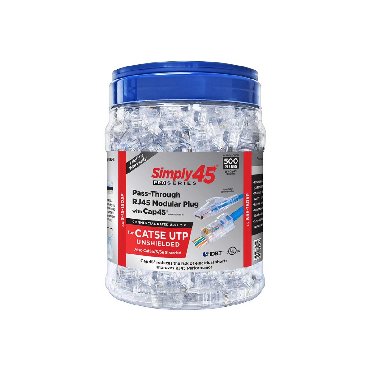 S45-1505P S45-1505P PROSeries Pass Through Blue Tint Modular Plugs for Cat5E UTP with Cap45 - 500 Piece
