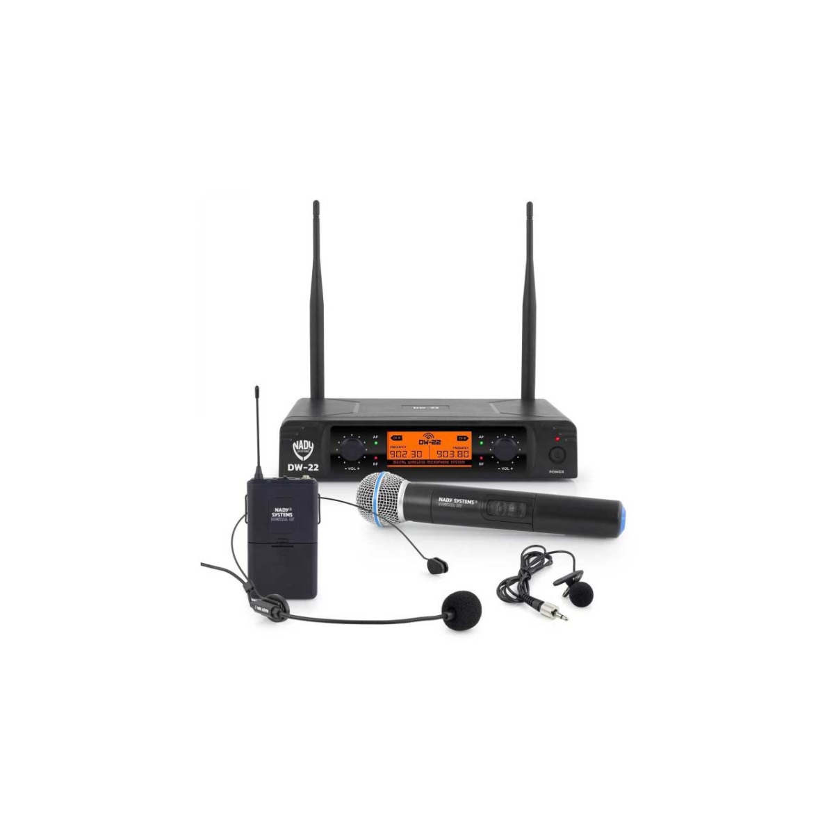 Picture of Nady Systems NDY-DW-22-HTLTHM 2-Person Digital Wireless Combo Mic System with Handheld-Lapel-Headmic - 300 ft. - 902-951 MHz