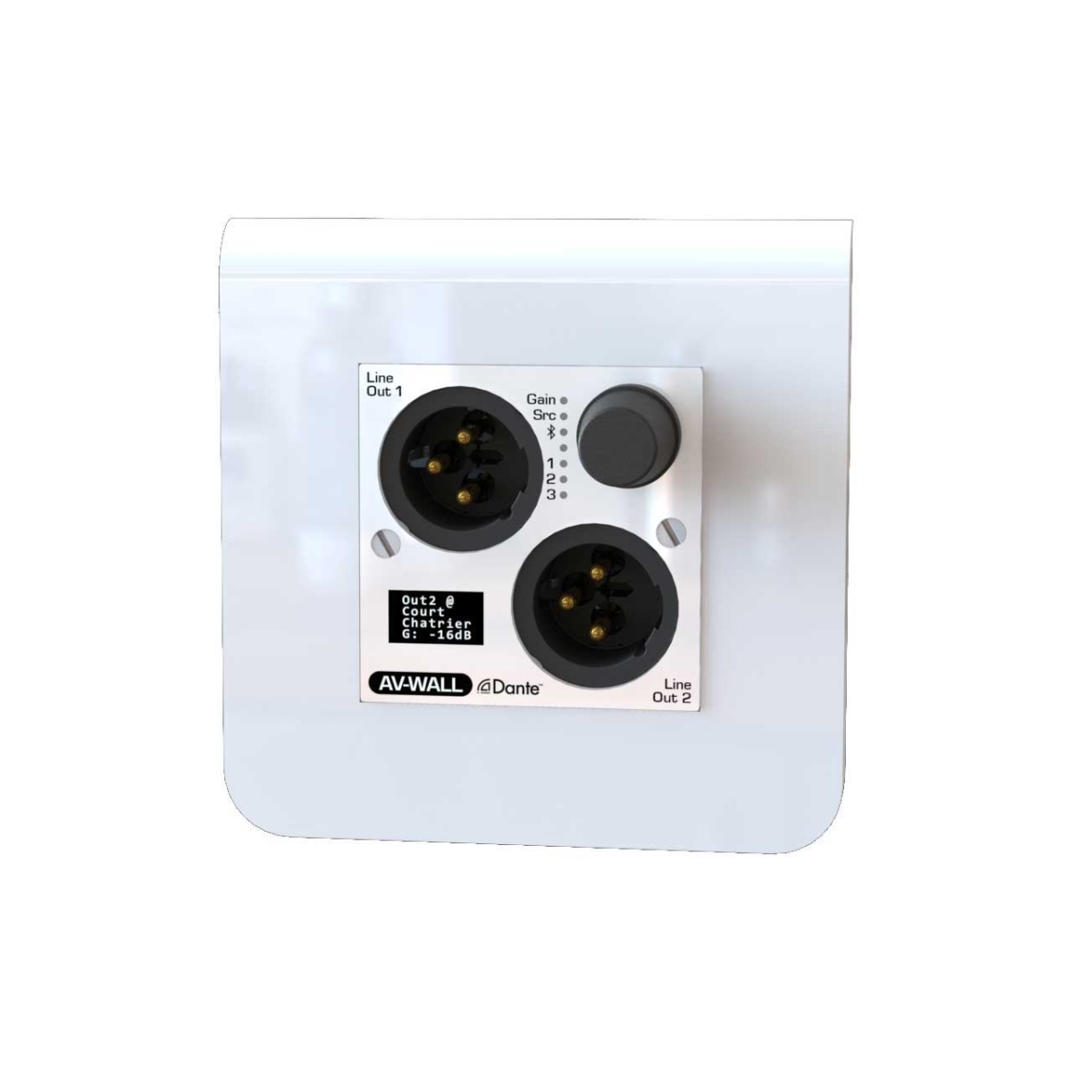 AUT-AV-WALLDT4OB 2 XLR-M Analog Output Wall Plate with Dante Stereo Bluetooth Out - LED Status-Gain Selection Knob