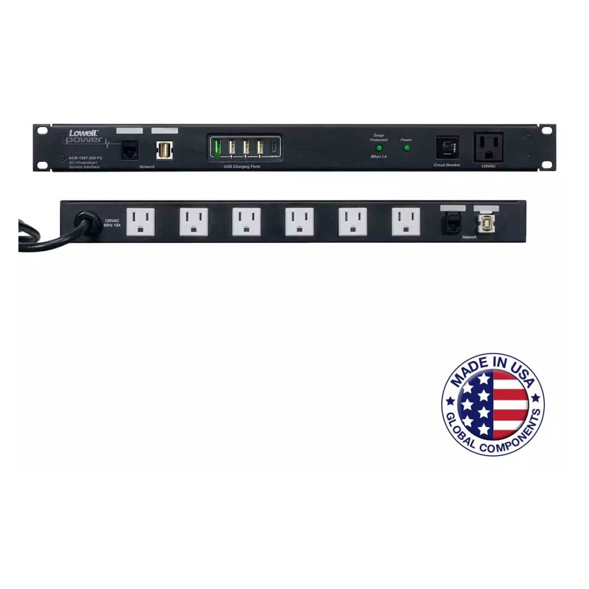 Picture of Lowell Manufacturing LMC-ACR1507SSIFC ACR-1507-SSI-FC 15A Power Panel with Surge Protection - USB Chargers - Network Thru-Ports