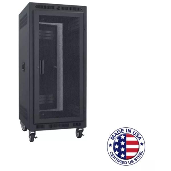 Picture of Lowell Manufacturing LMC-LPR-2427FV LPR-2427FV 24RU Portable Welded-Steel Rack - 27 in. Deep with Fully Ventilated Perf Front Door