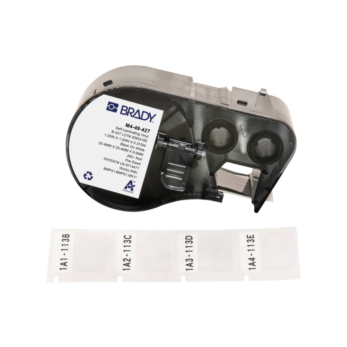 BDY-M4-49-427 BMP41-BMP51-M511 Label Maker Cartridge with Self Laminating Vinyl Wrap Around Label - 1x1 - Black on White