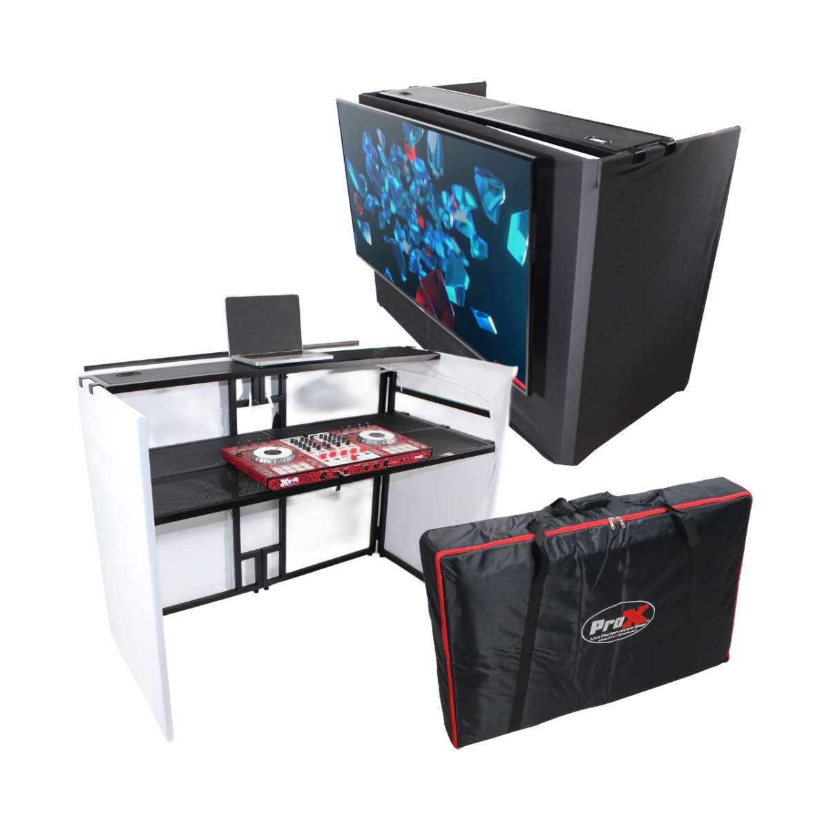 PXG-XFMESAMEDMK2 Mesa MK2 DJ Facade Workstation with Table TV Bracket Mount, White & Black Scrims
