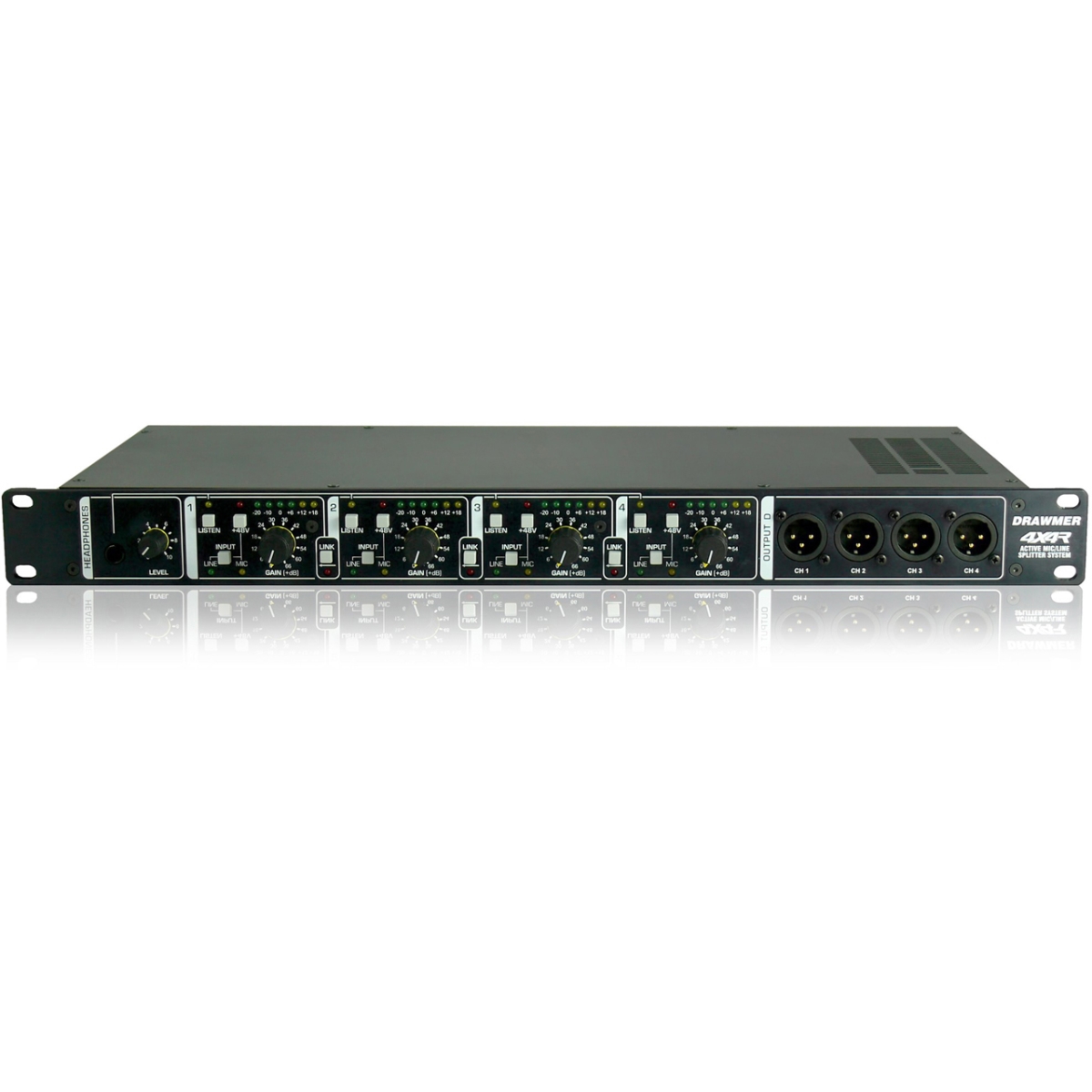 DRWM-4X4R 1RU 4 x 16 Rackmount Active Mic Line Signal Splitter, Black