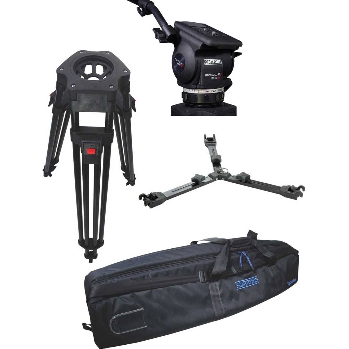 Picture of Cartoni CAR-KF22-1AM 100 mm HD 1-Stage EFP Tripod Focus 22 Head with Pan Bar Mid Level Spreader & Rubber Feet Soft Case