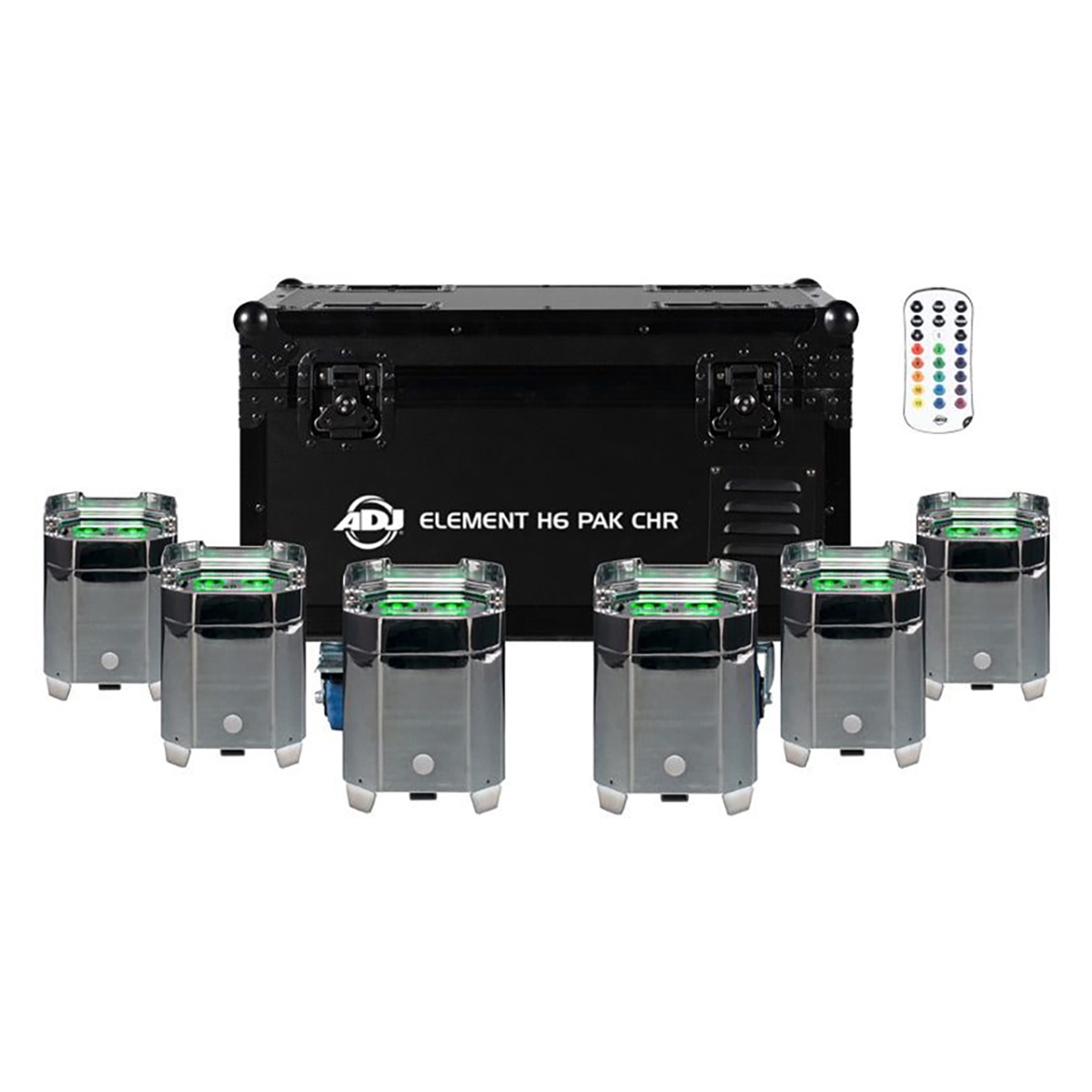 Picture of American DJ AMDJ-ELE611 Element H6 Pack Charging Including Six Li-Ion Battery Powered Element H6 Chrome Fixtures & Durable Flight Case