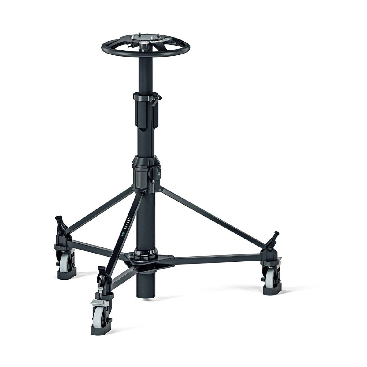 VIN-V4169-0001 Osprey Lite 2-Stage Steering Tripod Pedestal with 125 mm Wheels, Cable Guards & Track Locks - Black -  Vinten Camera Supports