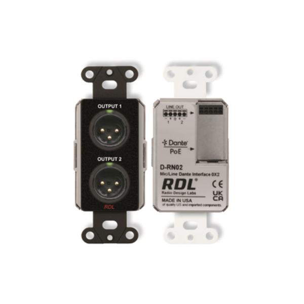 RDL-DB-RN02 Single-Gang 0x2 Wall-Mounted Mic & Line Dante Interface Two Balanced XLR Outputs - Black