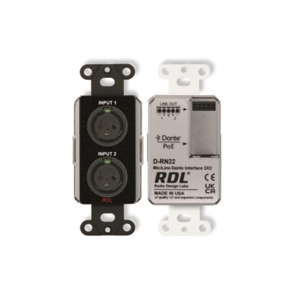 RDL-DB-RN22 Single-Gang 2x2 Wall-Mounted Bi-Directional Mic & Line Dante Interface Two Balanced XLR Jacks - Black