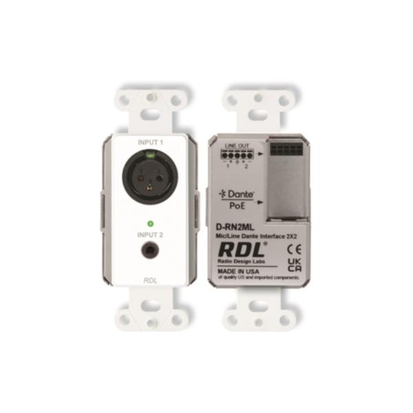 RDL-D-RN2ML Single-Gang 1x2 Wall-Mounted Bi-Directional Mic & Line Dante Interface One XLR & One Mono Mini-jack, White