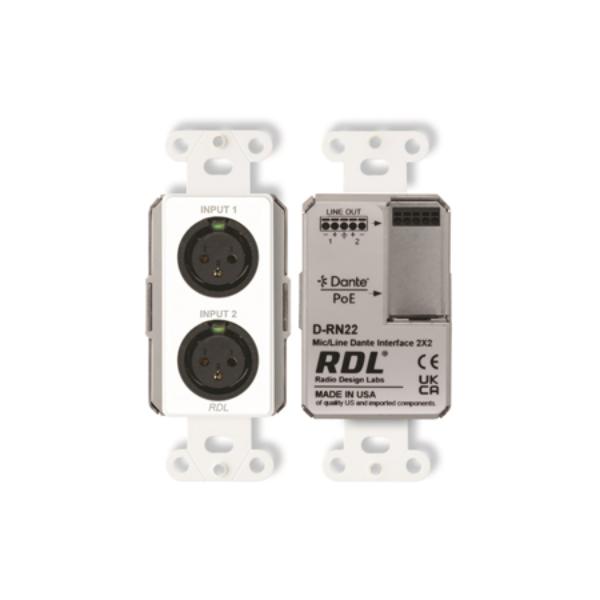 RDL-D-RN22 Single-Gang 2x2 Wall-Mounted Bi-Directional Mic & Line Dante Interface Two Balanced XLR Jacks - White