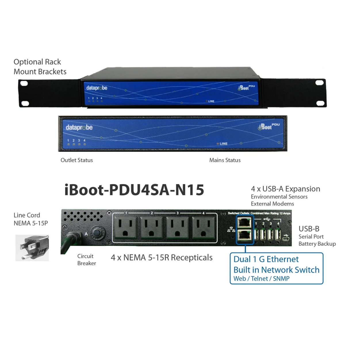 Picture of Dataprobe DTPB-IBOOTPDU4SA Series S 1RU 4-Outlet 15A Intelligent PDU with Dual Port 1G Ethernet Switch - 4x NEMA 5-15R