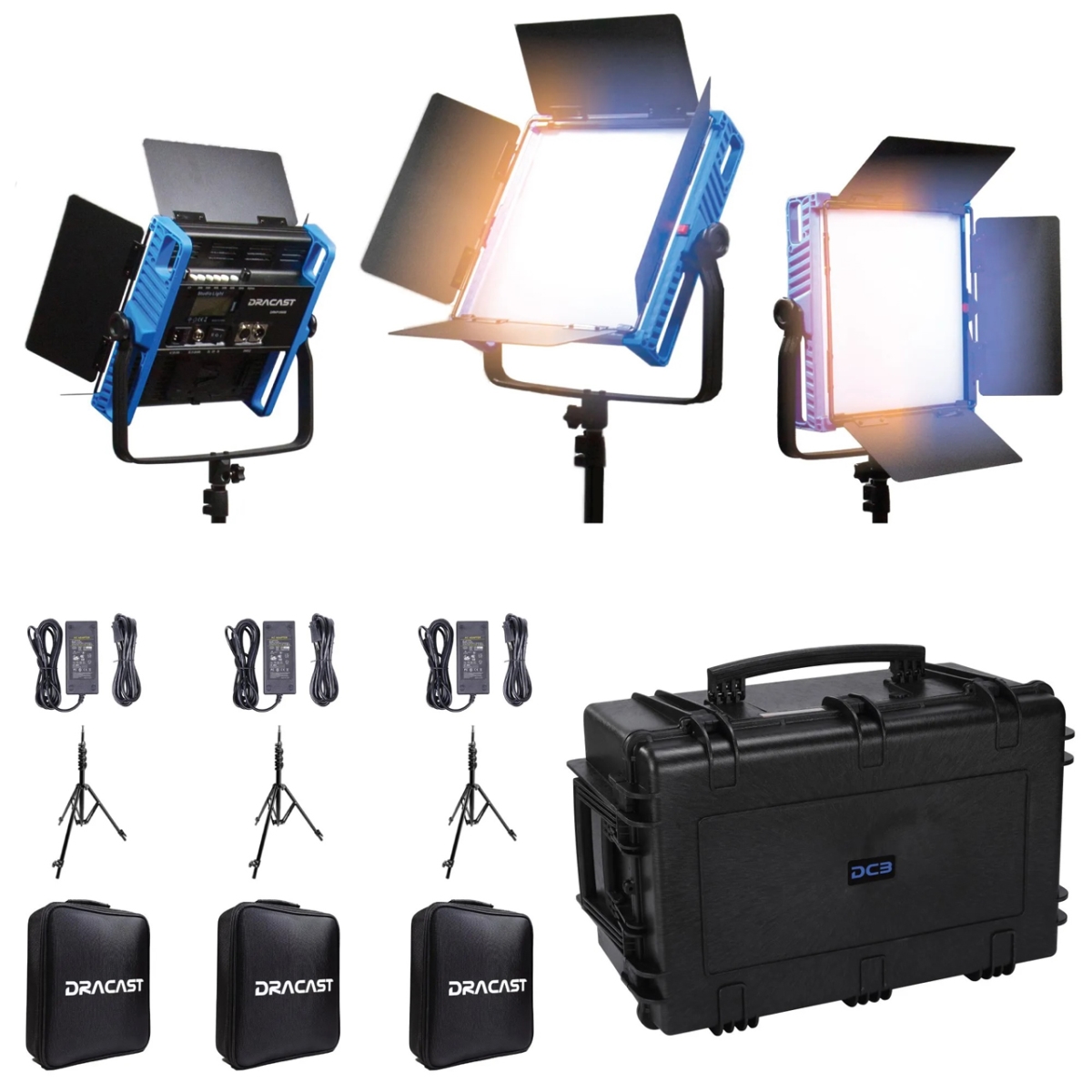 Picture of Draco Broadcast DR-DRKP1000B3K Kala Plus Series LED1000 Bi-Color LED 3 Light Kit with Injection Molded Travel Case