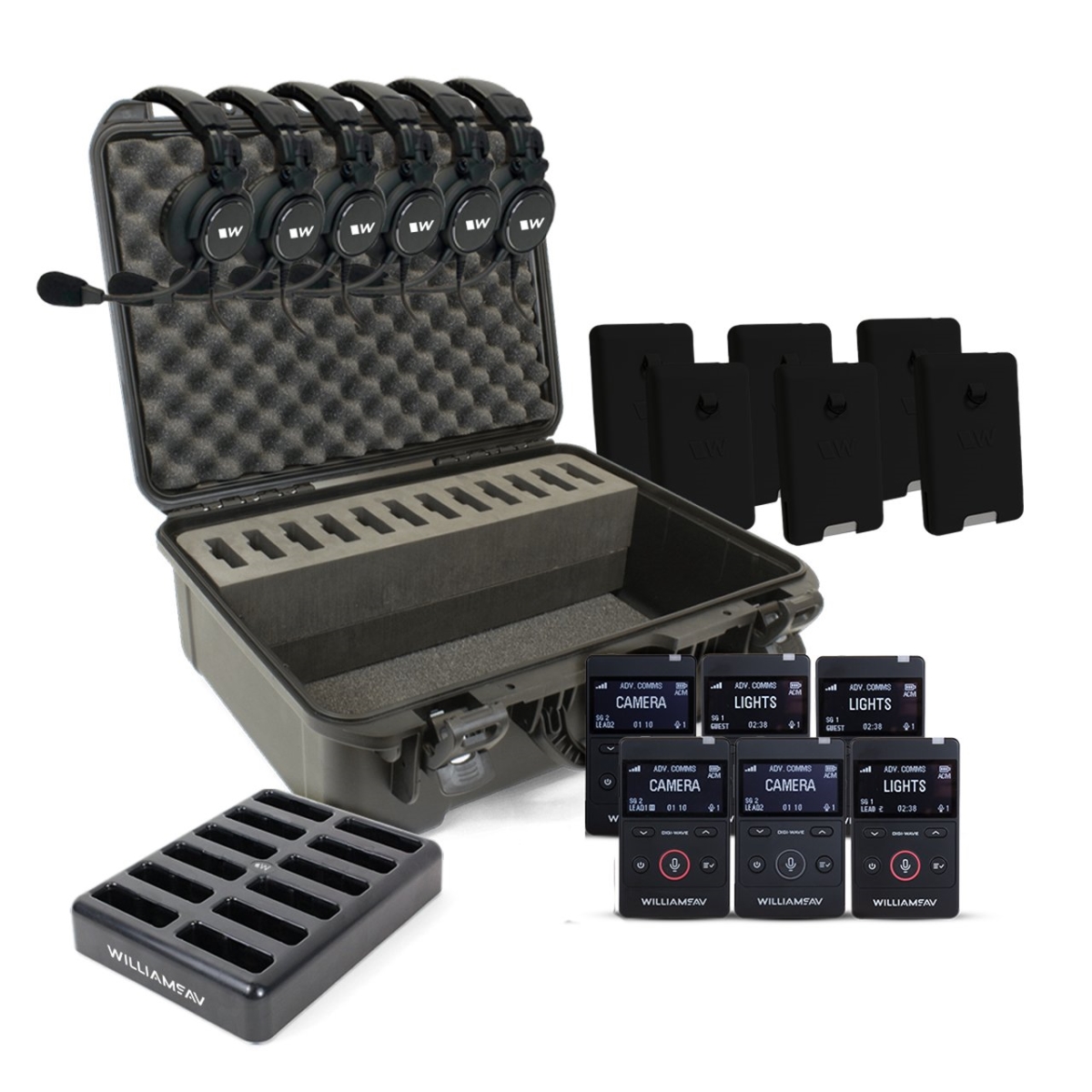 WLS-DW-SYS2ACM Two-Way Digi-Wave 6-Person Advanced Portable Communication System with Six Transceivers & Six Headsets - Black & Silver