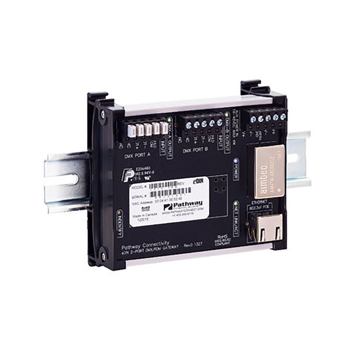 PCS-PWPP-DIN-P2 Pathport 2-Port DMX-RDM Gateway for Encoding & Decoding DMX512 Over Ethernet