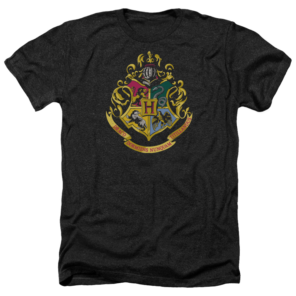 Harry Potter & Hogwarts Crest-Adult Heather T-Shirt, Black - Medium