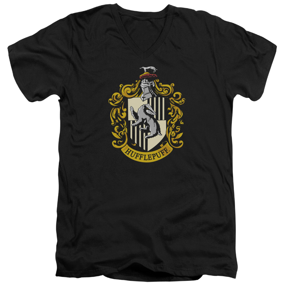 HP105-AV-5 Harry Potter & Hufflepuff Crest Short Sleeve Adult V-Neck 30-1 T-Shirt, Black - 2X