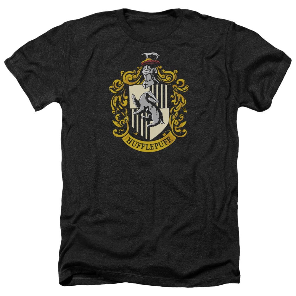 Harry Potter & Hufflepuff Crest-Adult Heather T-Shirt, Black - Extra Large