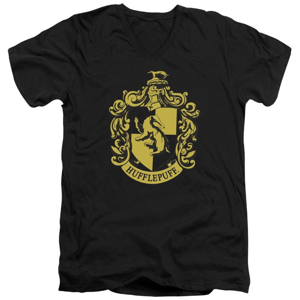 Harry Potter & Hufflepuff Crest Short Sleeve Adult V-Neck 30-1 T-Shirt, Black - 2X