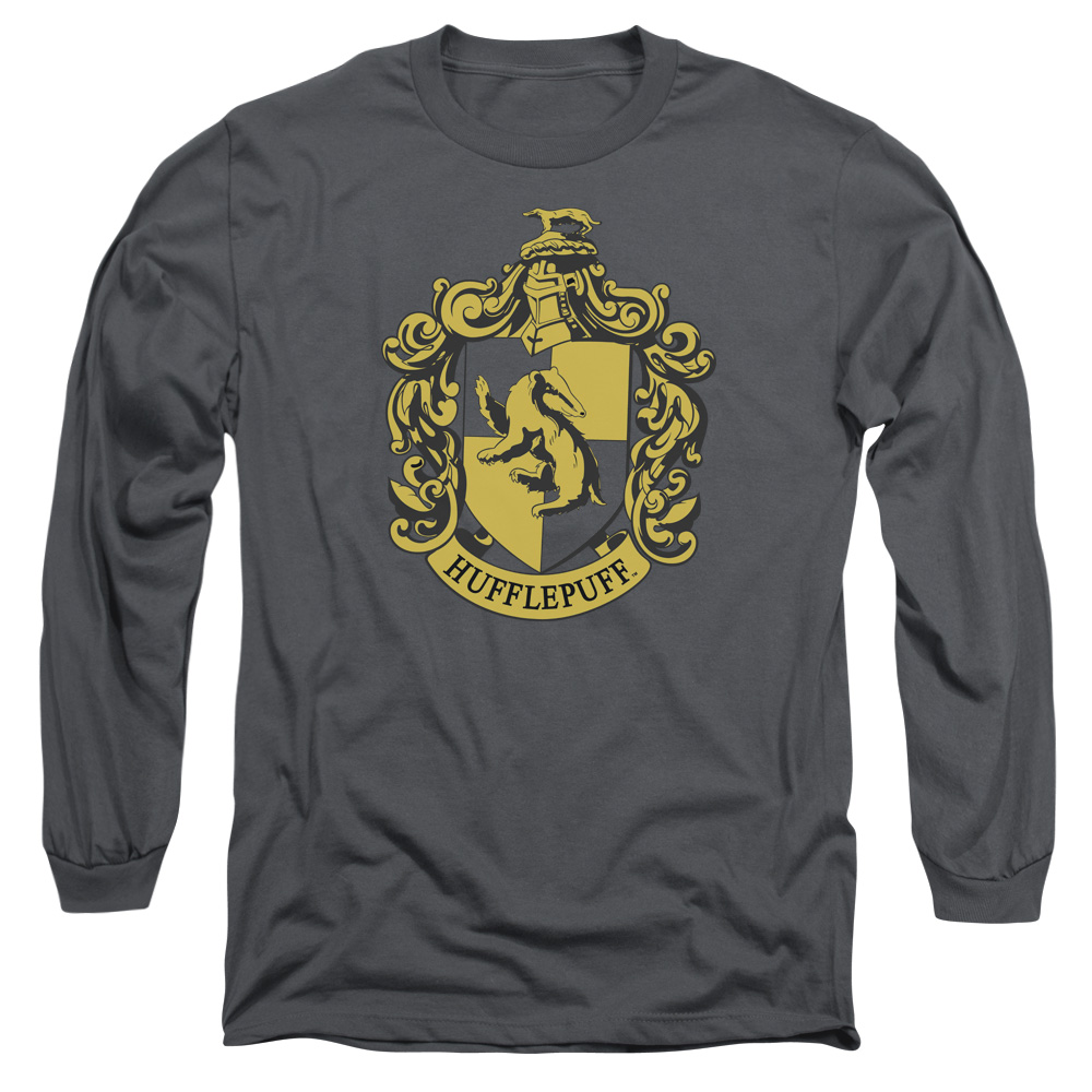 Harry Potter & Hufflepuff Crest Long Sleeve Adult 18-1 T-Shirt, Charcoal - Large