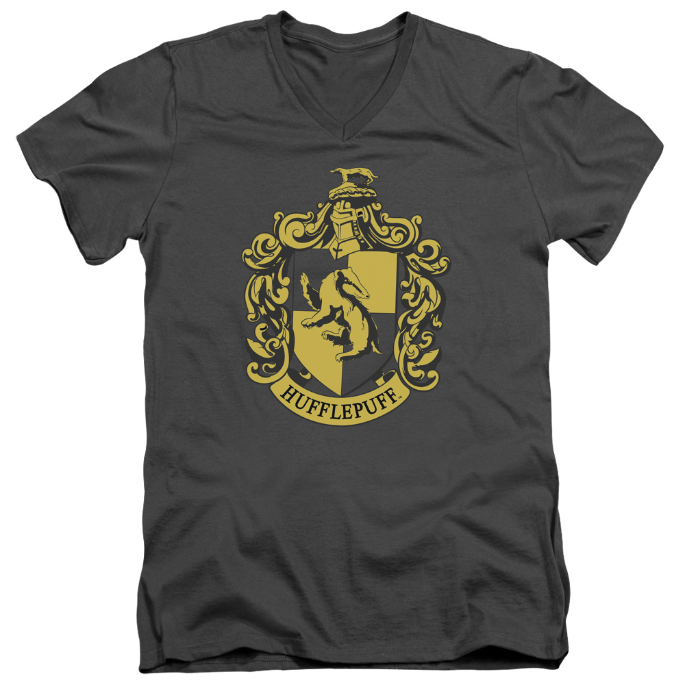 Harry Potter & Hufflepuff Crest Short Sleeve Adult V-Neck 30-1 T-Shirt, Charcoal - Large