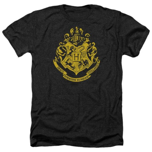 Harry Potter & Hogwarts Crest-Adult Heather T-Shirt, Black - Medium
