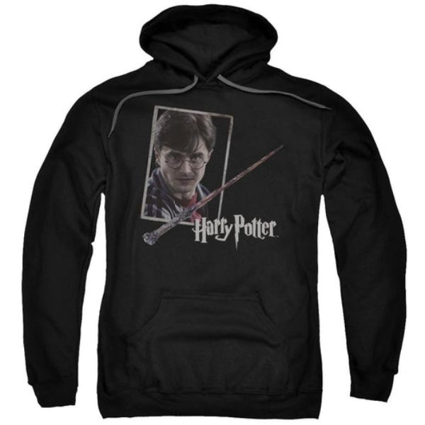 Harry Potter & Harrys Wand Portrait-Adult Pull-Over Hoodie, Black - Medium